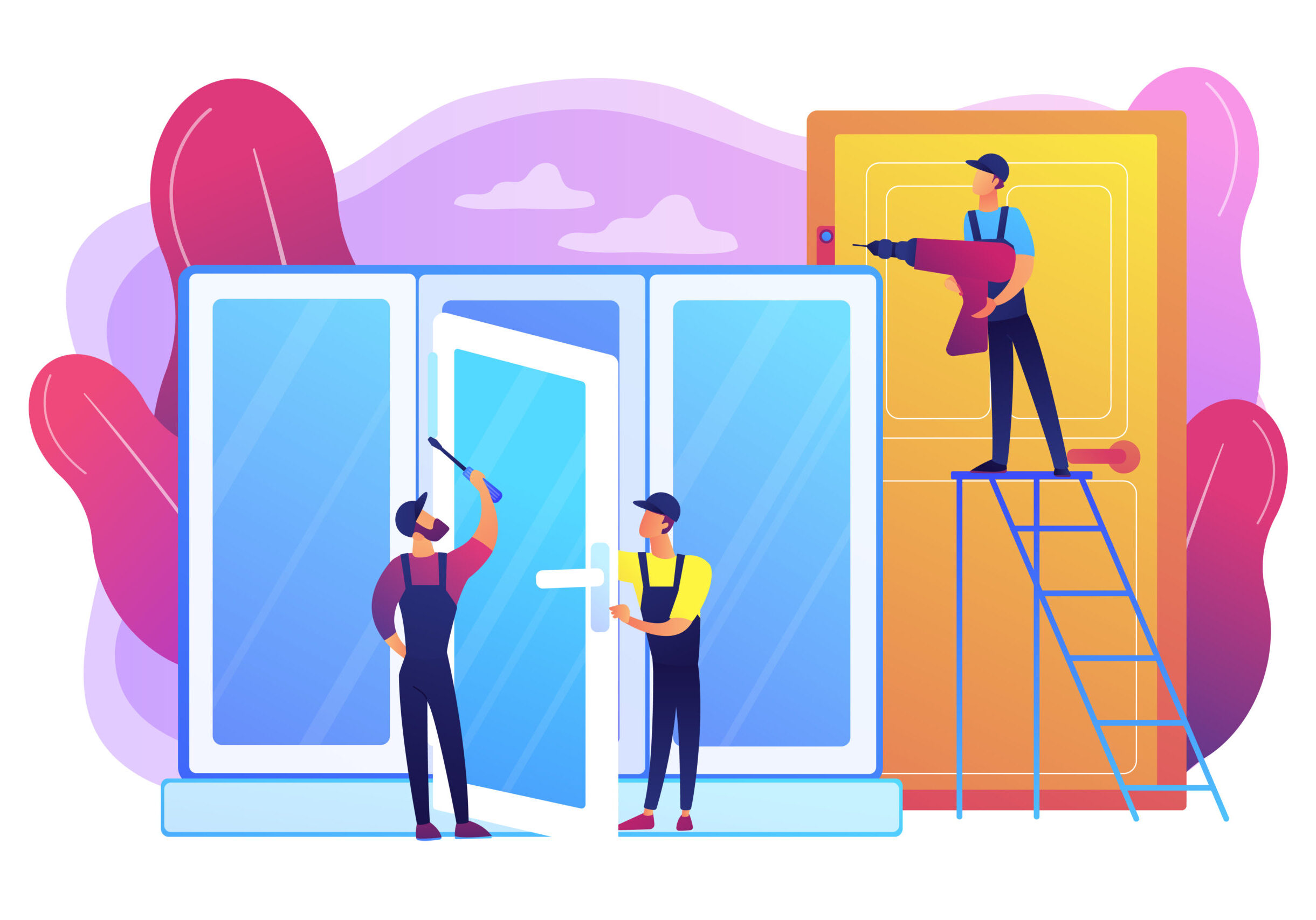 Windows installment and repair. Windows and doors services, replacement and installation, window and door replacement contractor concept. Bright vibrant violet vector isolated illustration